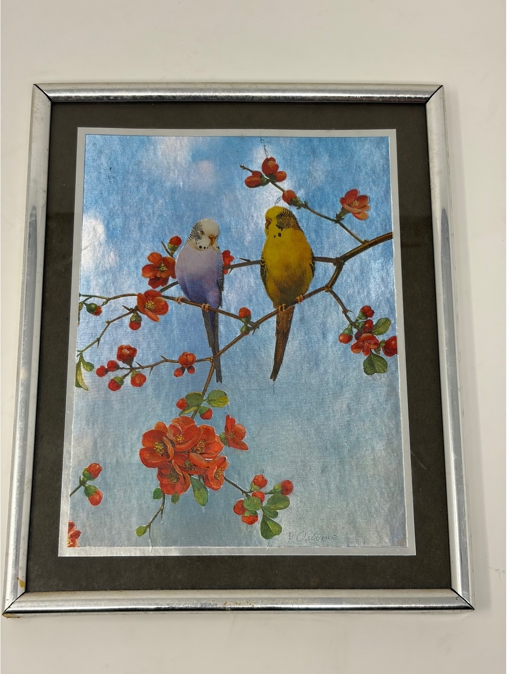 Framed Artwork of Two Birds on Branch with Red Flowers